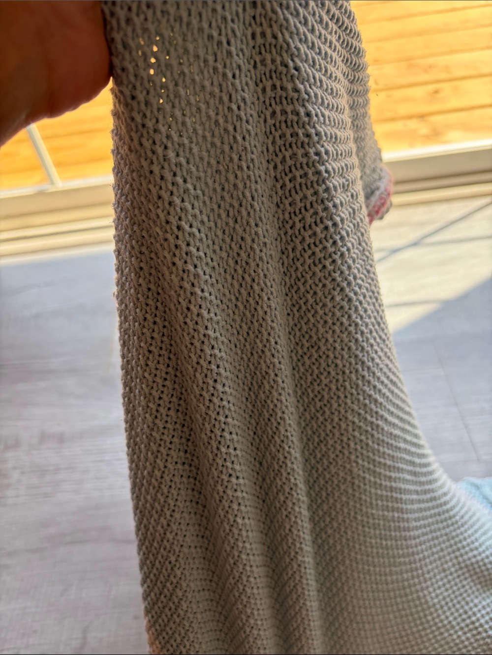 Lisa Todd Light Blue Crewneck Sweater with Pink and Olive Stripes, Size L. - Picture 11 of 15